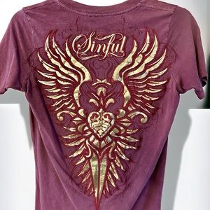 Sinful Women’s V-Neck Chateau Shirt | Burgundy & Gold Foil Wings Top | Size S |